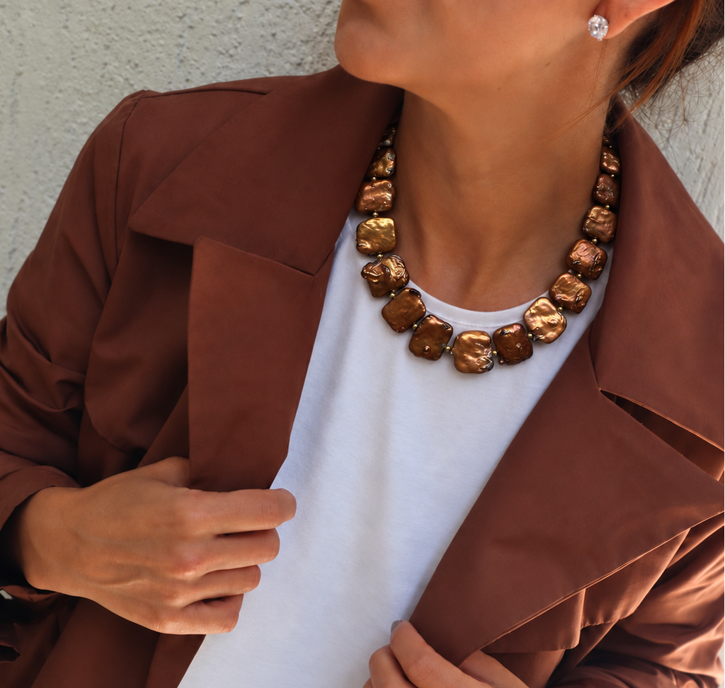 Collar Perla Moneda Cobrizo