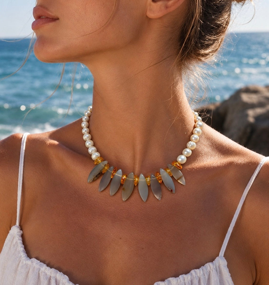 Collar Perlas, Jade & Ámbar