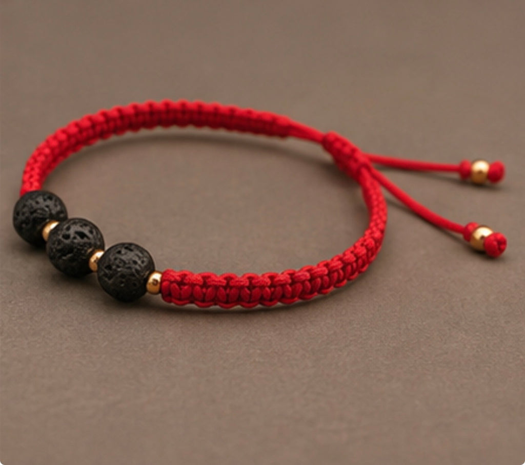 Pulsera Tejida Roja con Piedra Volcanica