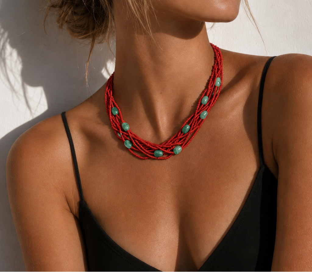 Collar Rojo con Piedra Jade Verde