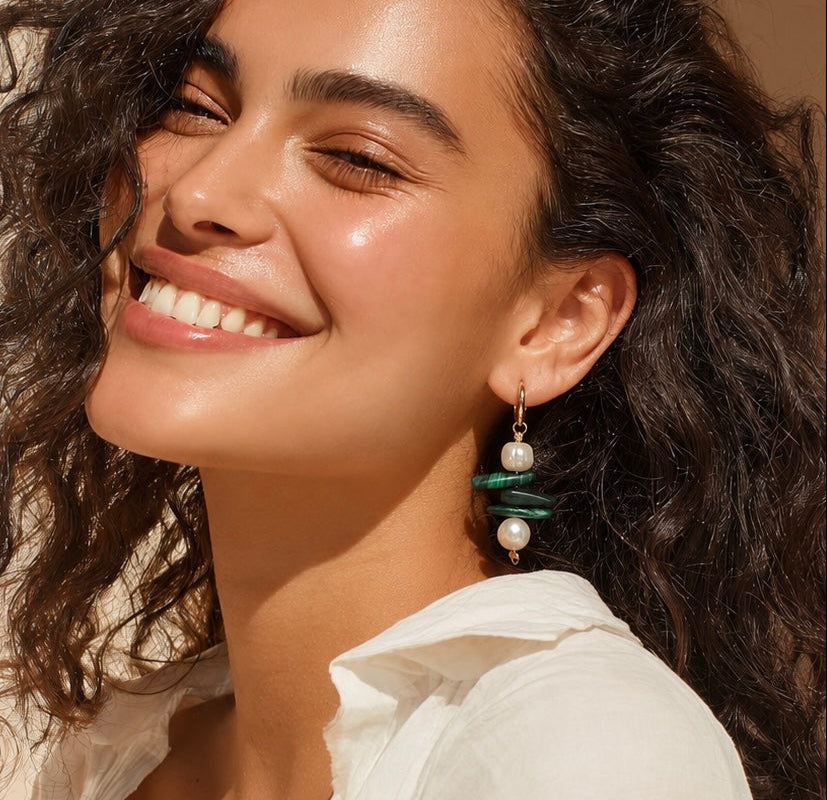 Aretes Malaquita y Perlas