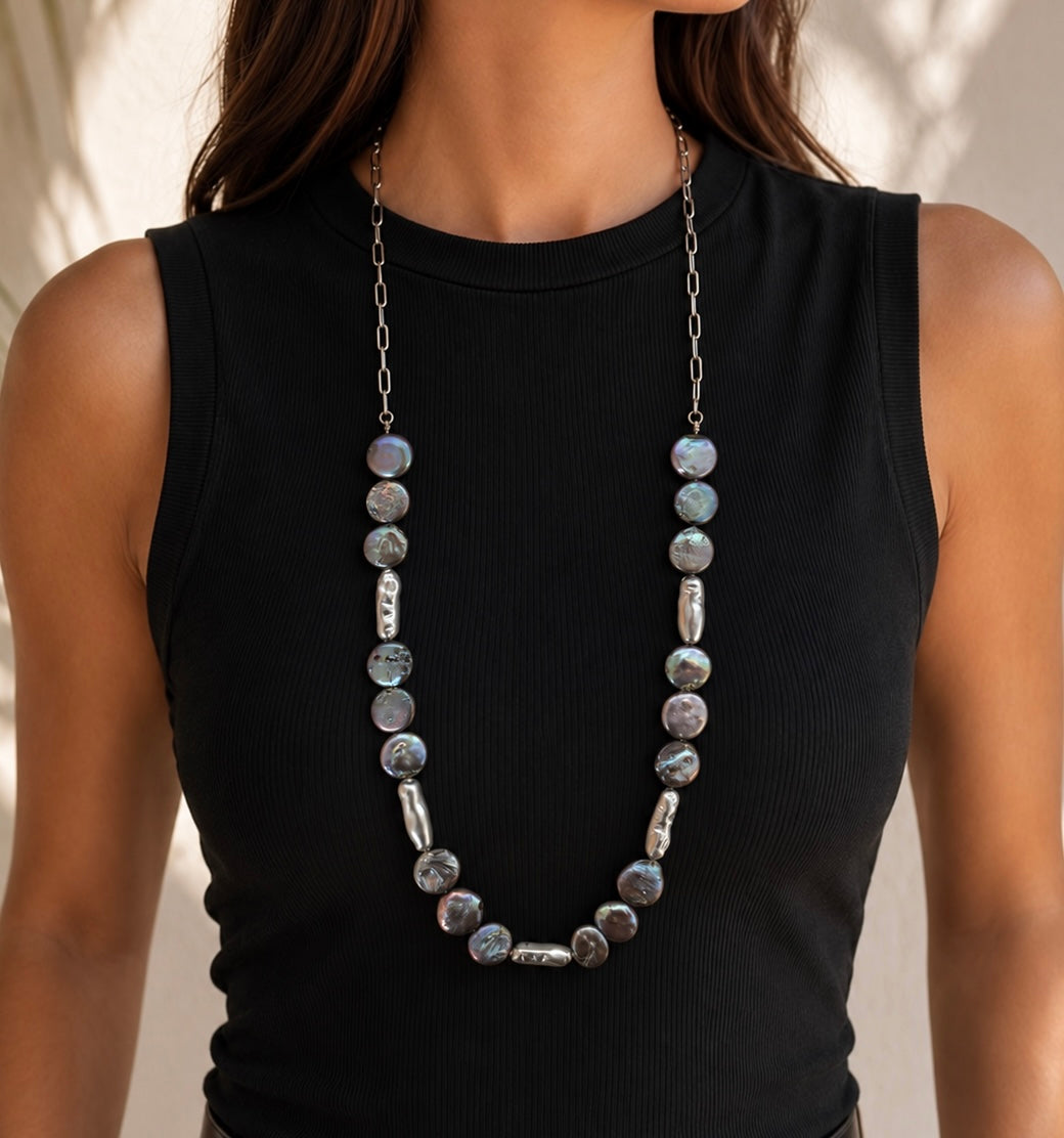 Collar Largo Perlas Metalicas