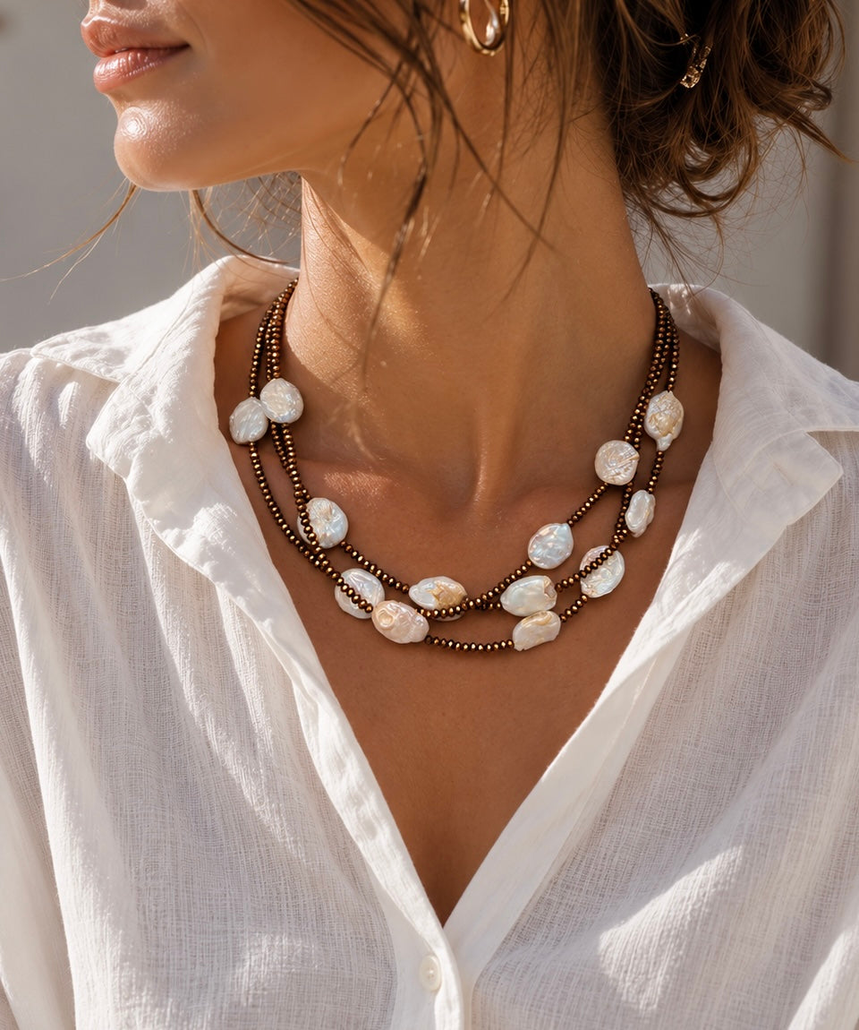 Collar Perlas Barrocas & Cristales Cobre