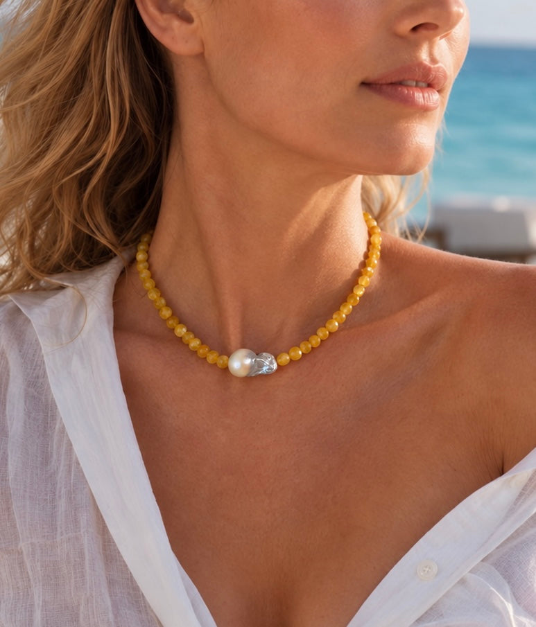 Collar Jade Amarillo & Perla Barroca