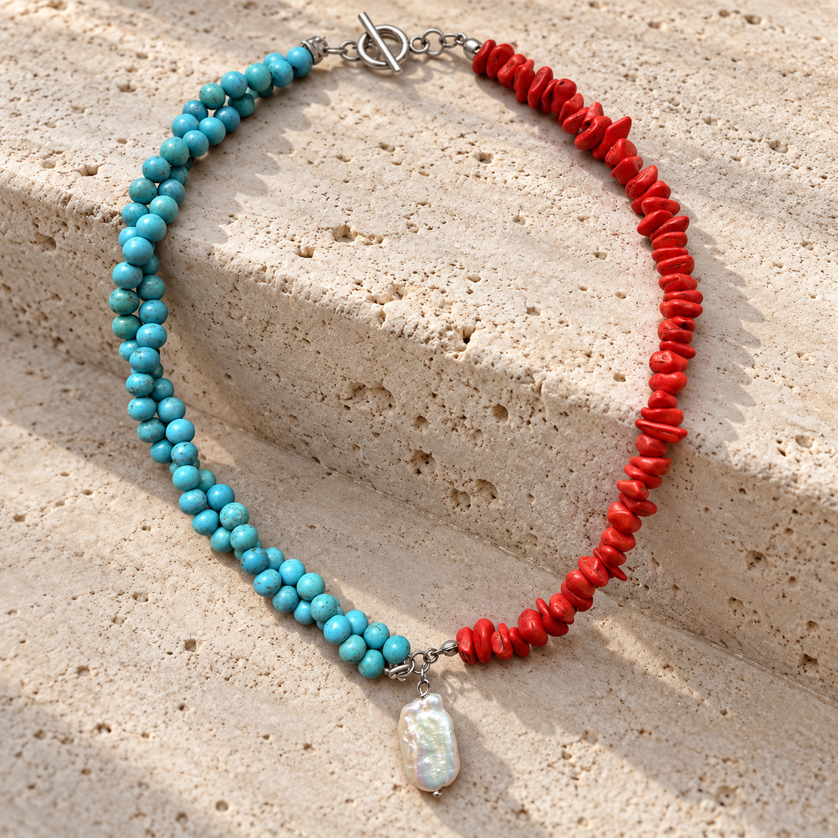 Collar Turquesas, Corales & Perla