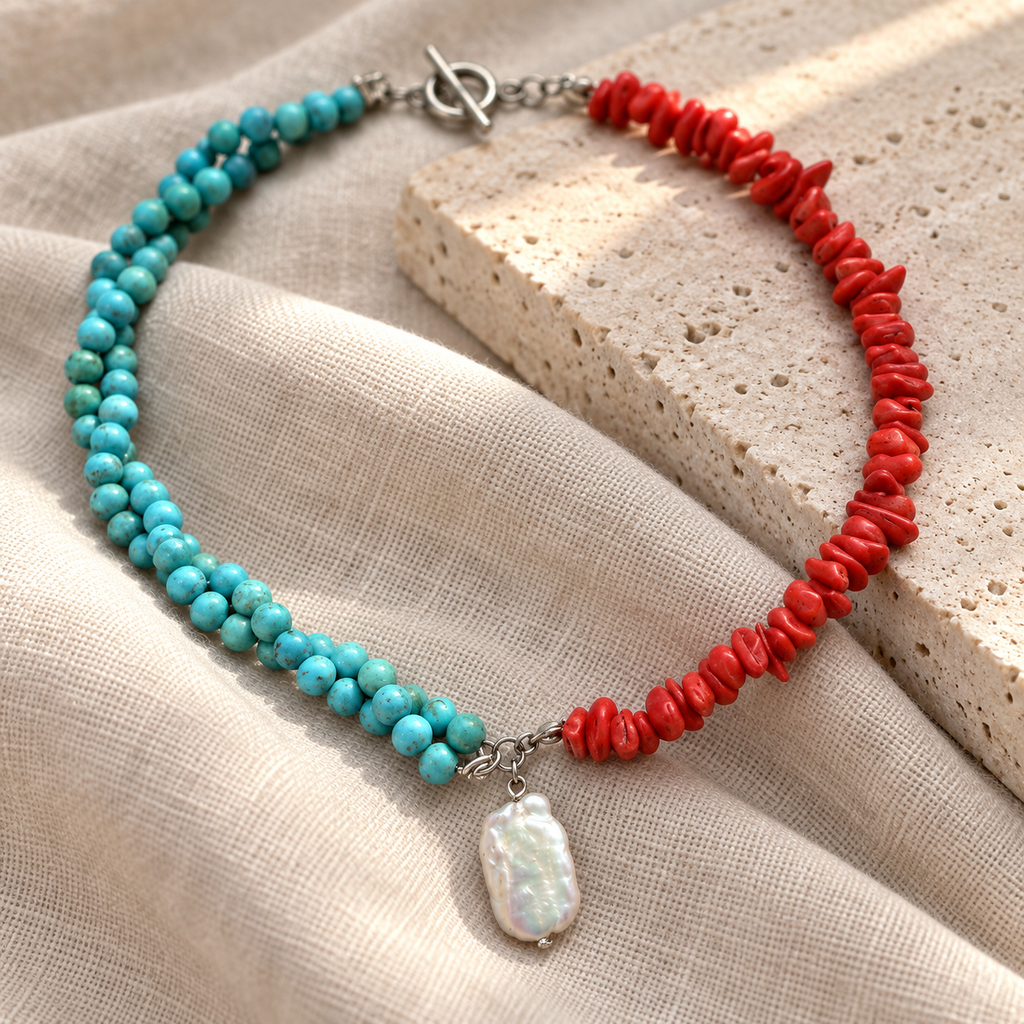 Collar Turquesas, Corales & Perla