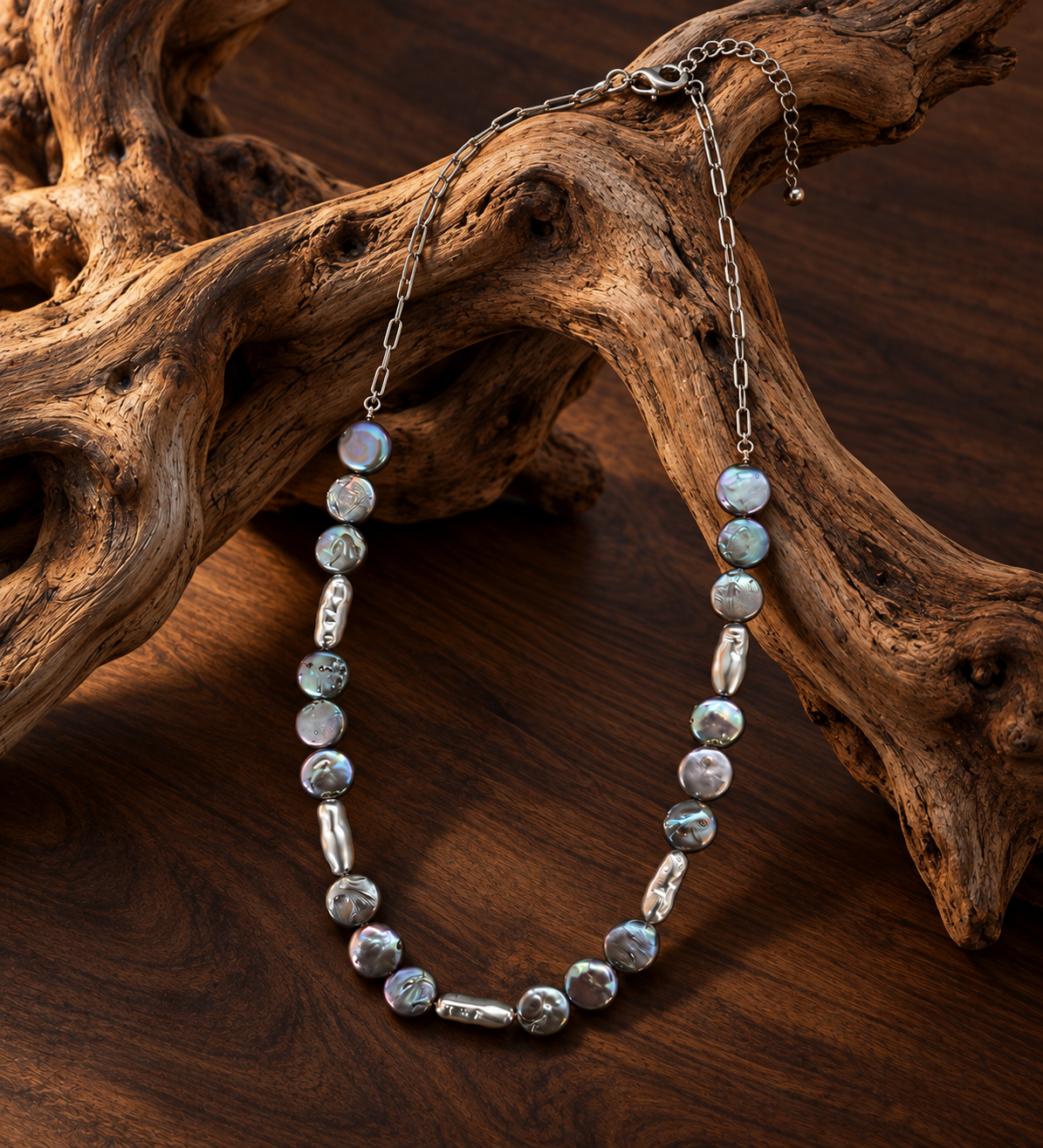 Collar Largo Perlas Metalicas