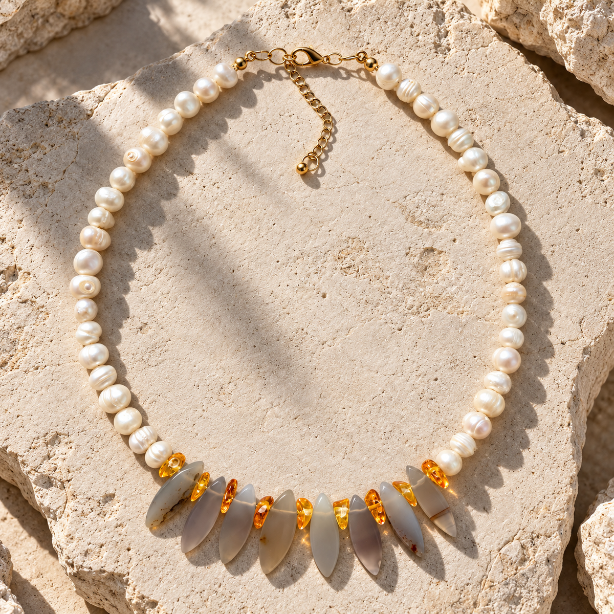 Collar Perlas, Jade & Ámbar