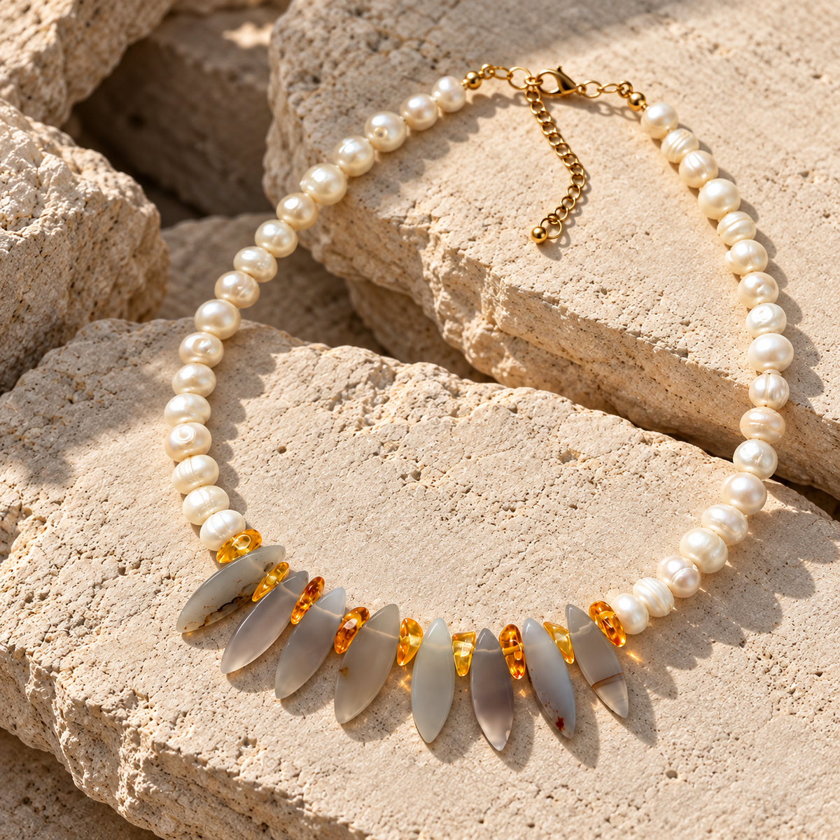 Collar Perlas, Jade & Ámbar