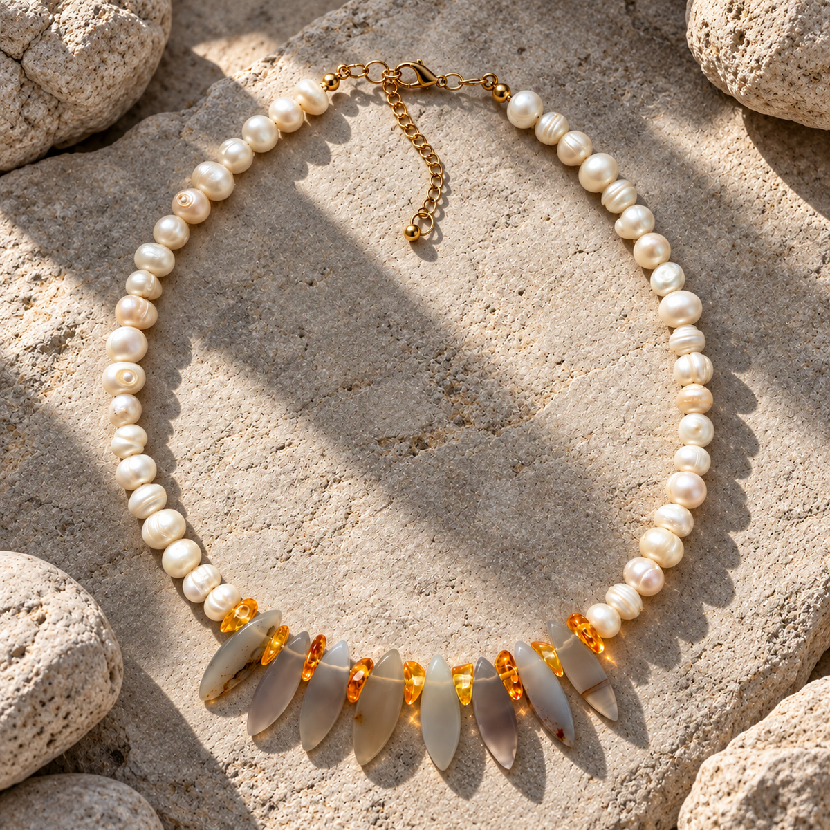 Collar Perlas, Jade & Ámbar