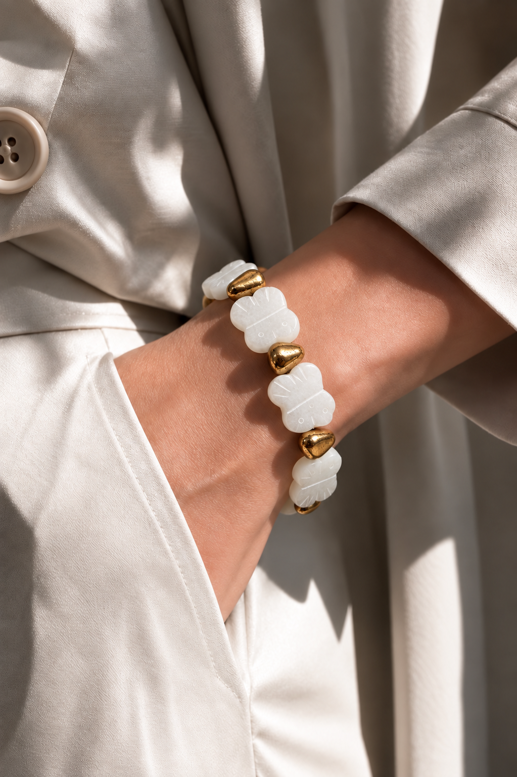 Pulsera Cuarzo Blanco & Hematitas