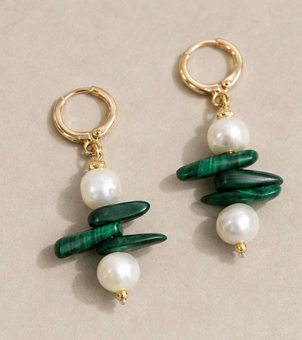 Aretes Malaquita y Perlas