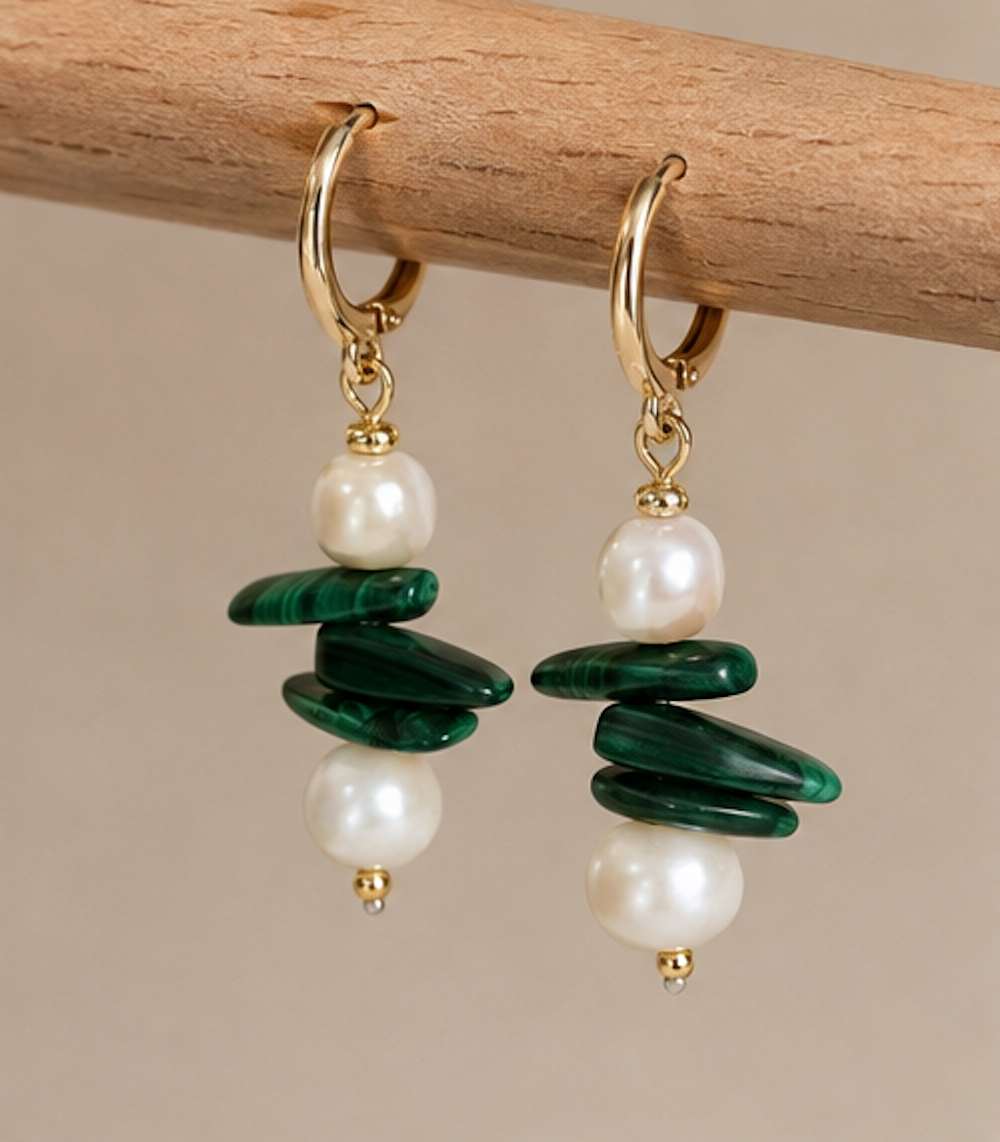 Aretes Malaquita y Perlas
