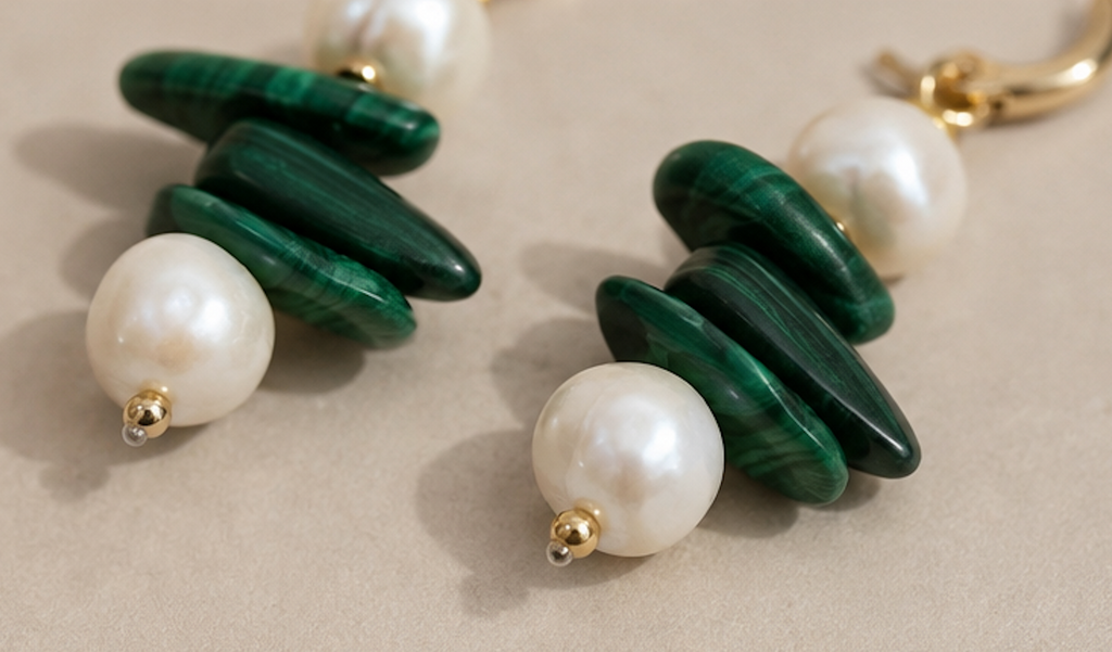 Aretes Malaquita y Perlas