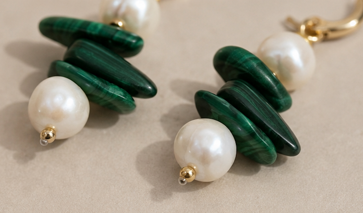 Aretes Malaquita y Perlas