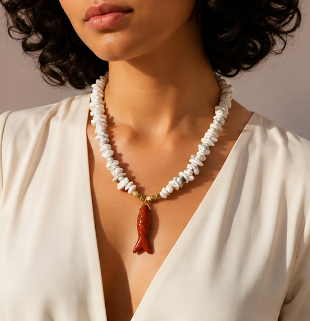 Collar Cuarzo Blanco Dije Pescado