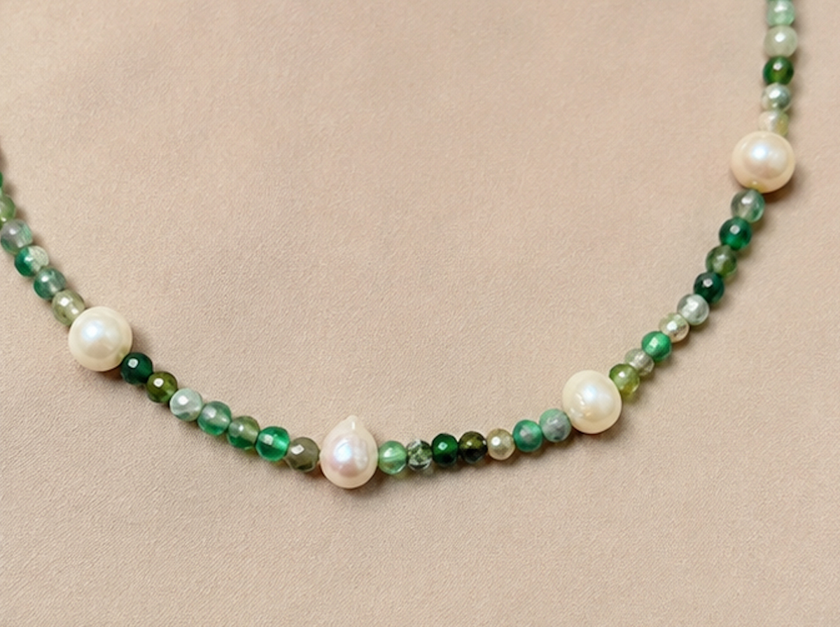 Collar Agatas Verdes y Perlas