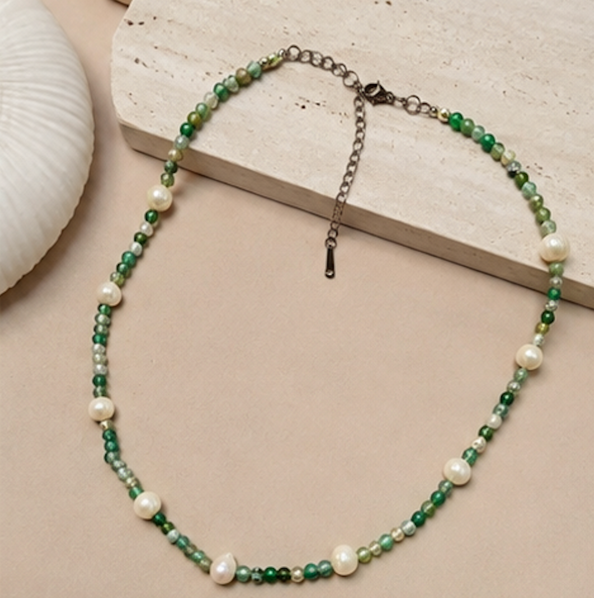 Collar Agatas Verdes y Perlas