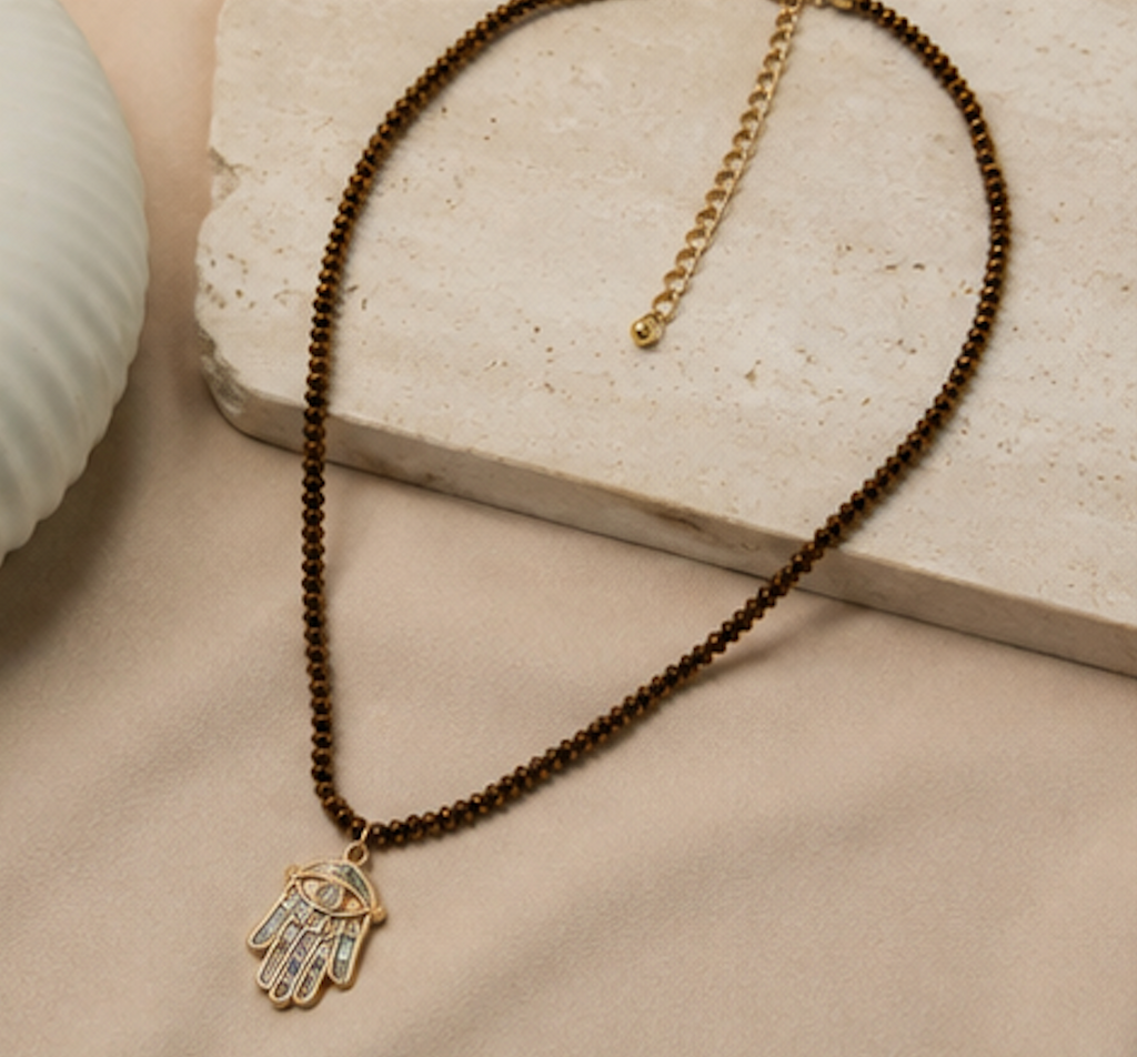 Collar Cristal Bronce con Mano de Fatima